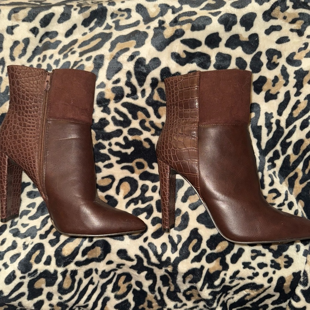 Brown Croc-Embossed Ankle Boots